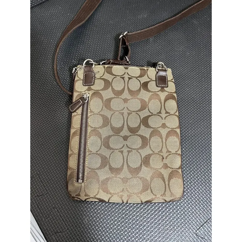 Coach‎ Signature Canvas Brown Stripe Leather Jacquard Crossbody And Wallet